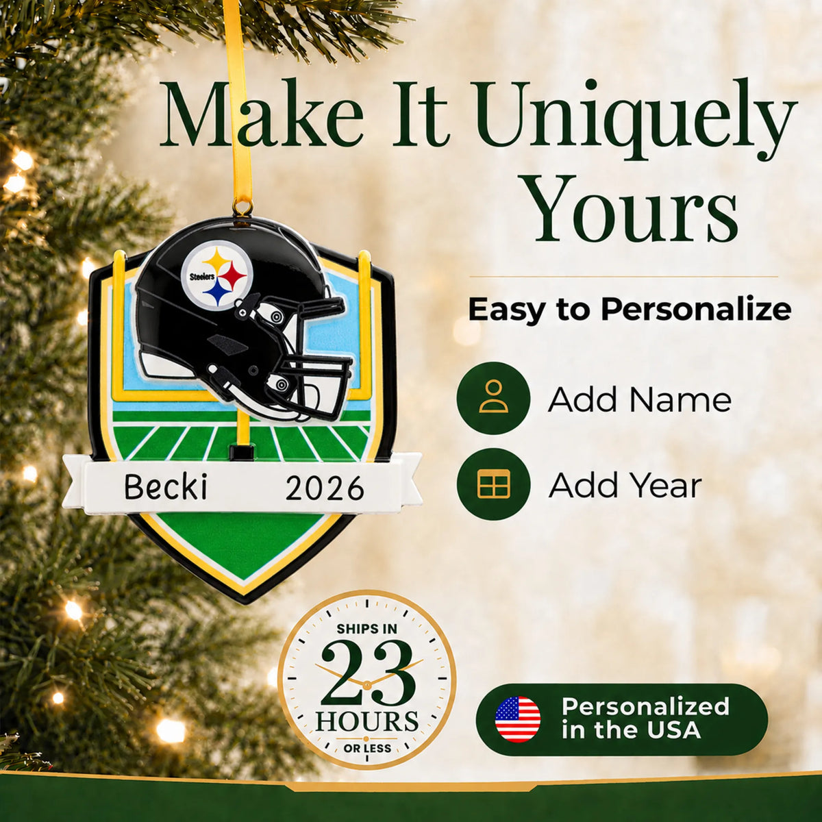 Make it yours: add name and year to the personalized Pittsburgh Steelers NFL christmas ornament