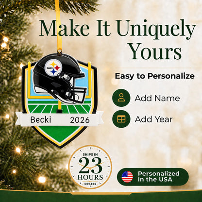 Make it yours: add name and year to the personalized Pittsburgh Steelers NFL christmas ornament