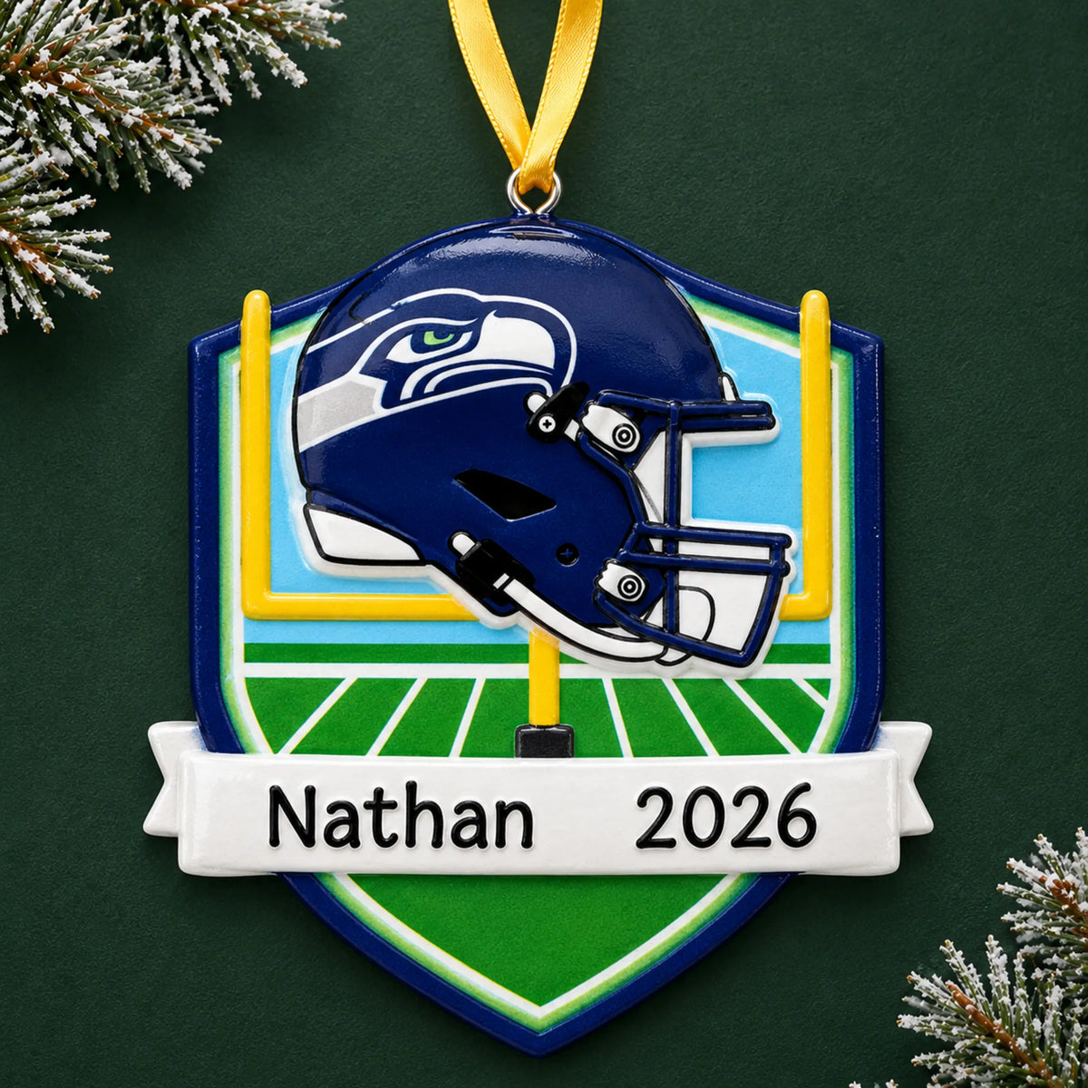 Personalized Seattle Seahawks NFL christmas ornament on a dark green pine background