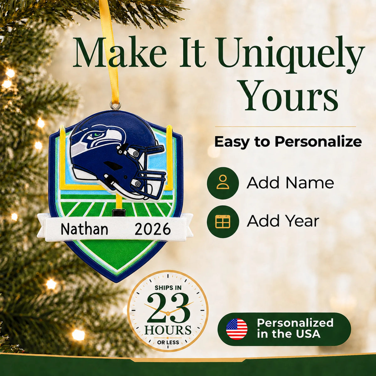 Make it yours: add name and year to the personalized Seattle Seahawks NFL christmas ornament
