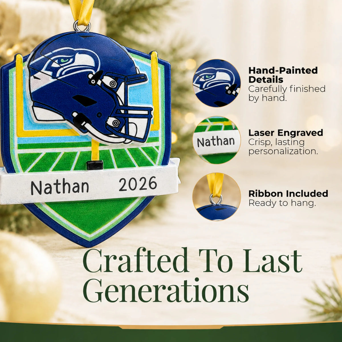 Hand-painted details and laser engraved personalization on the Seattle Seahawks NFL christmas ornament, ribbon included