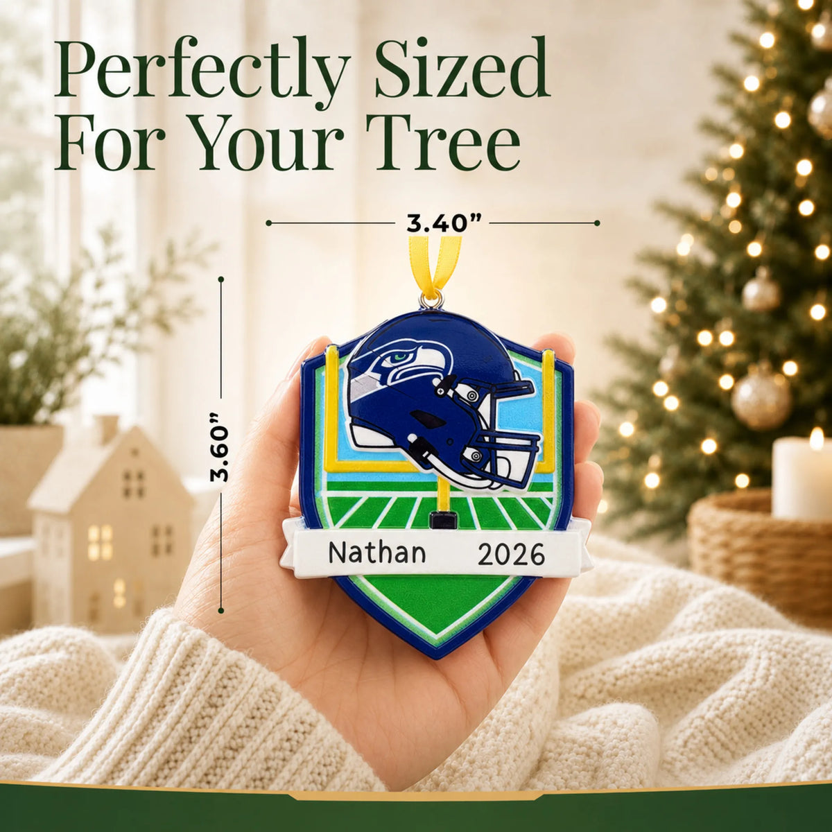 Size guide: the personalized Seattle Seahawks NFL christmas ornament is 3.40 in wide by 3.60 in tall, shown in hand