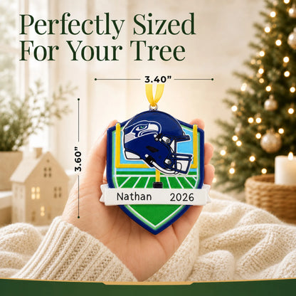 Size guide: the personalized Seattle Seahawks NFL christmas ornament is 3.40 in wide by 3.60 in tall, shown in hand