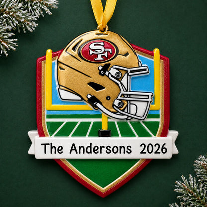 Personalized San Francisco 49ers NFL christmas ornament on a dark green pine background