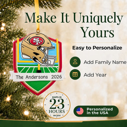 Make it yours: add name and year to the personalized San Francisco 49ers NFL christmas ornament