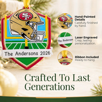 Hand-painted details and laser engraved personalization on the San Francisco 49ers NFL christmas ornament, ribbon included
