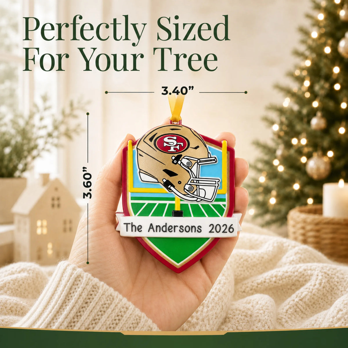 Size guide: the personalized San Francisco 49ers NFL christmas ornament is 3.40 in wide by 3.60 in tall, shown in hand