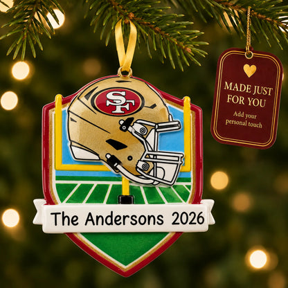 San Francisco 49ers NFL christmas ornament hanging on a lit Christmas tree with a Made Just For You gift tag