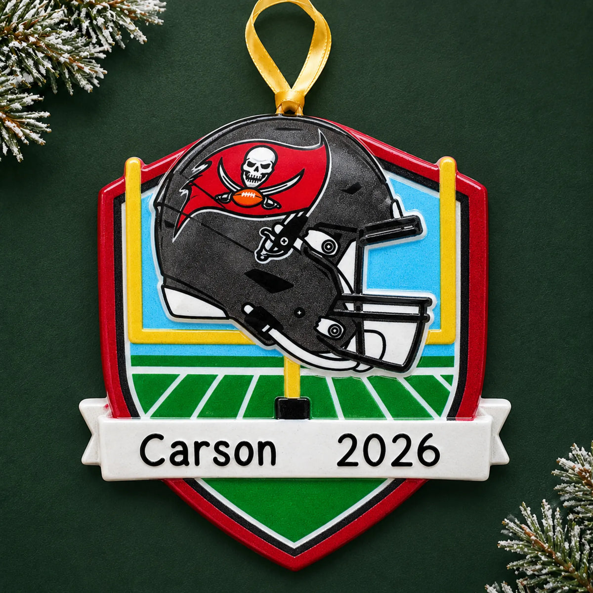 Personalized Tampa Bay Buccaneers NFL christmas ornament on a dark green pine background