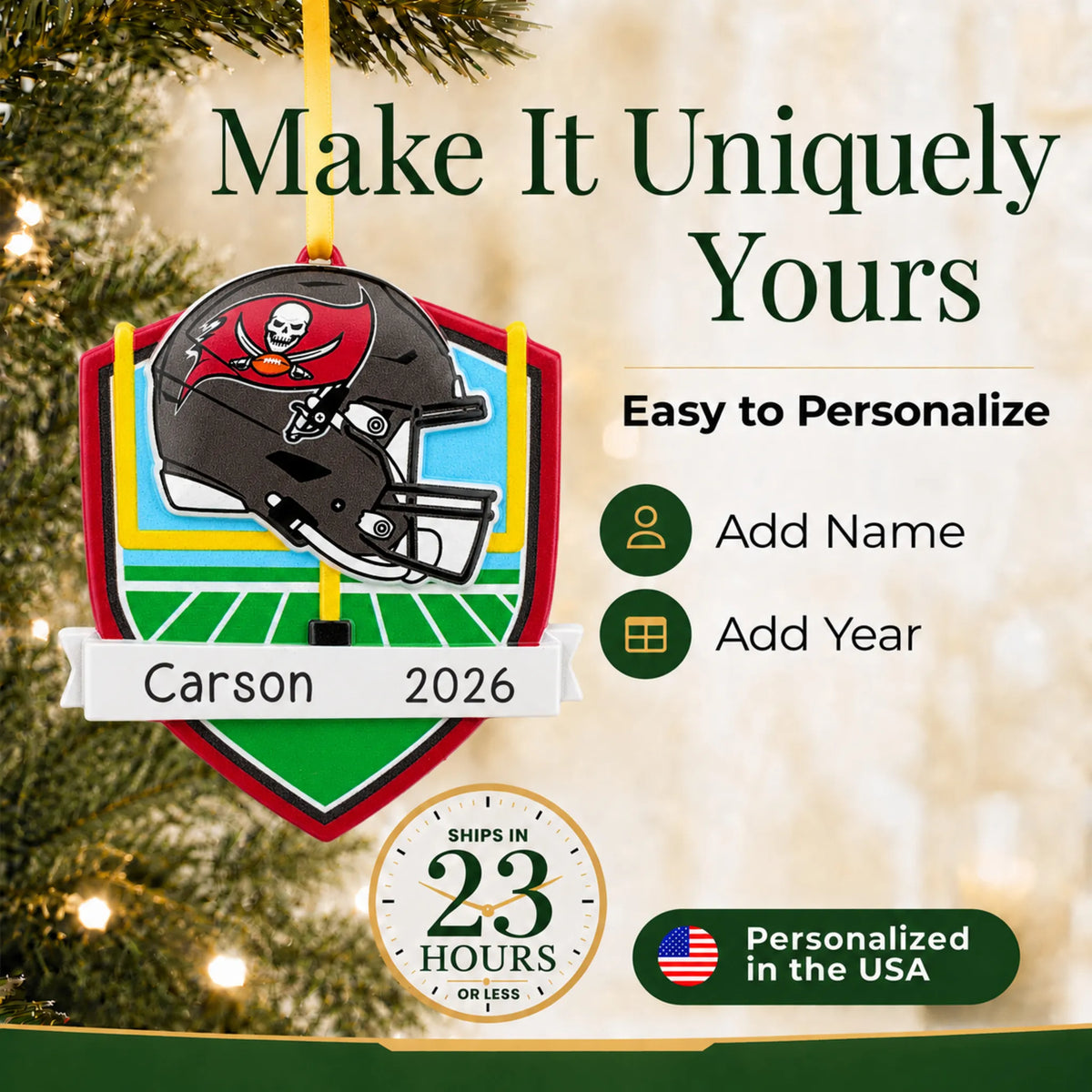 Make it yours: add name and year to the personalized Tampa Bay Buccaneers NFL christmas ornament