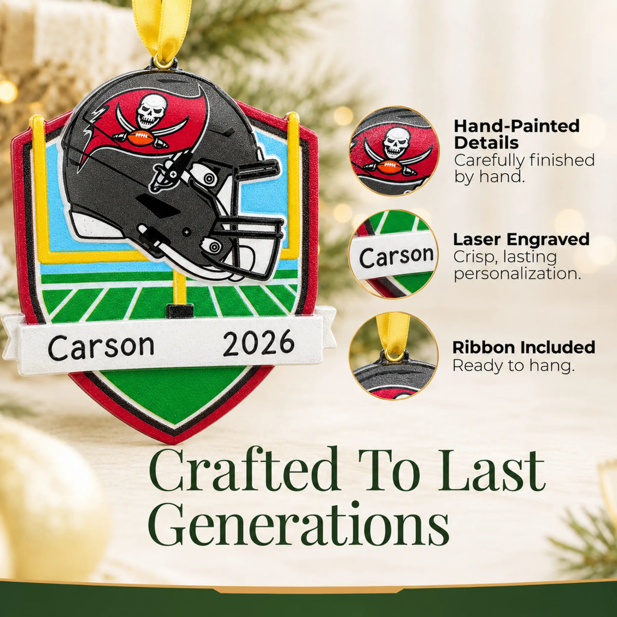 Hand-painted details and laser engraved personalization on the Tampa Bay Buccaneers NFL christmas ornament, ribbon included