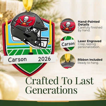 Hand-painted details and laser engraved personalization on the Tampa Bay Buccaneers NFL christmas ornament, ribbon included