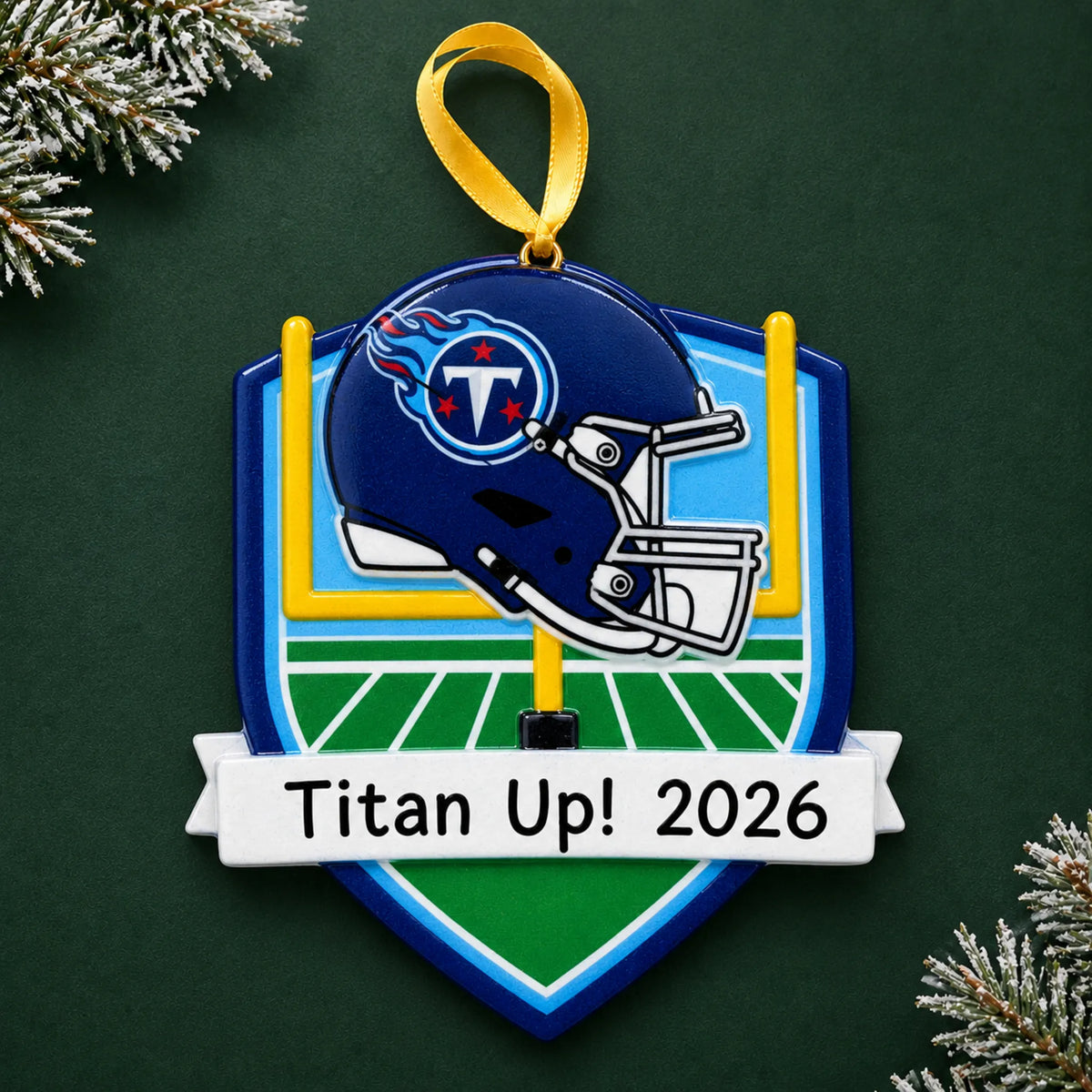 Personalized Tennessee Titans NFL christmas ornament on a dark green pine background