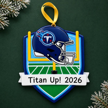 Personalized Tennessee Titans NFL christmas ornament on a dark green pine background