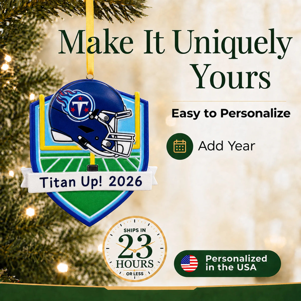 Make it yours: add year to the personalized Tennessee Titans NFL christmas ornament