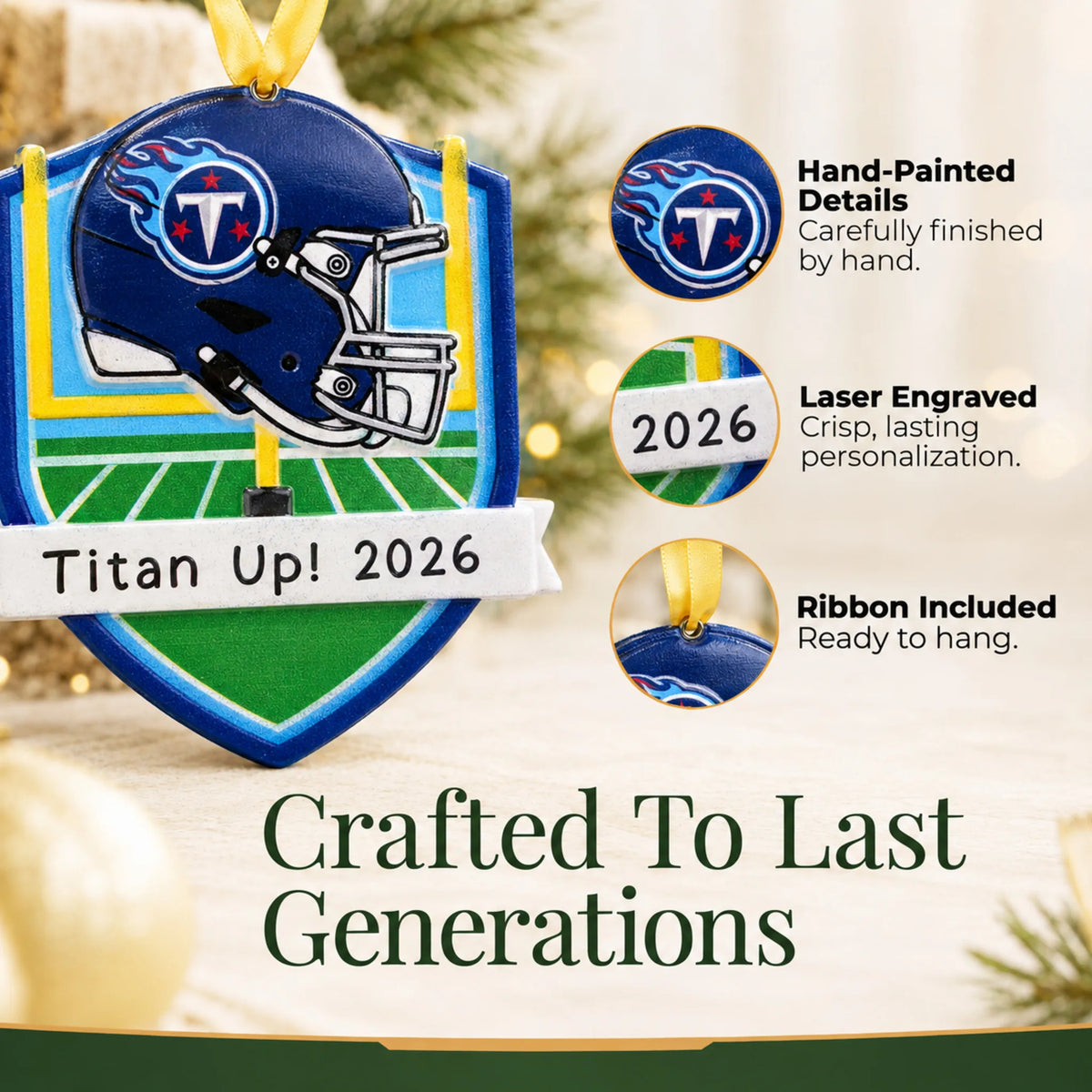 Hand-painted details and laser engraved personalization on the Tennessee Titans NFL christmas ornament, ribbon included