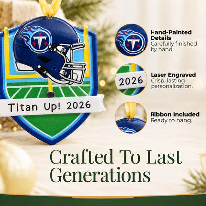 Hand-painted details and laser engraved personalization on the Tennessee Titans NFL christmas ornament, ribbon included