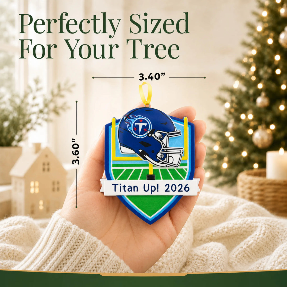 Size guide: the personalized Tennessee Titans NFL christmas ornament is 3.40 in wide by 3.60 in tall, shown in hand