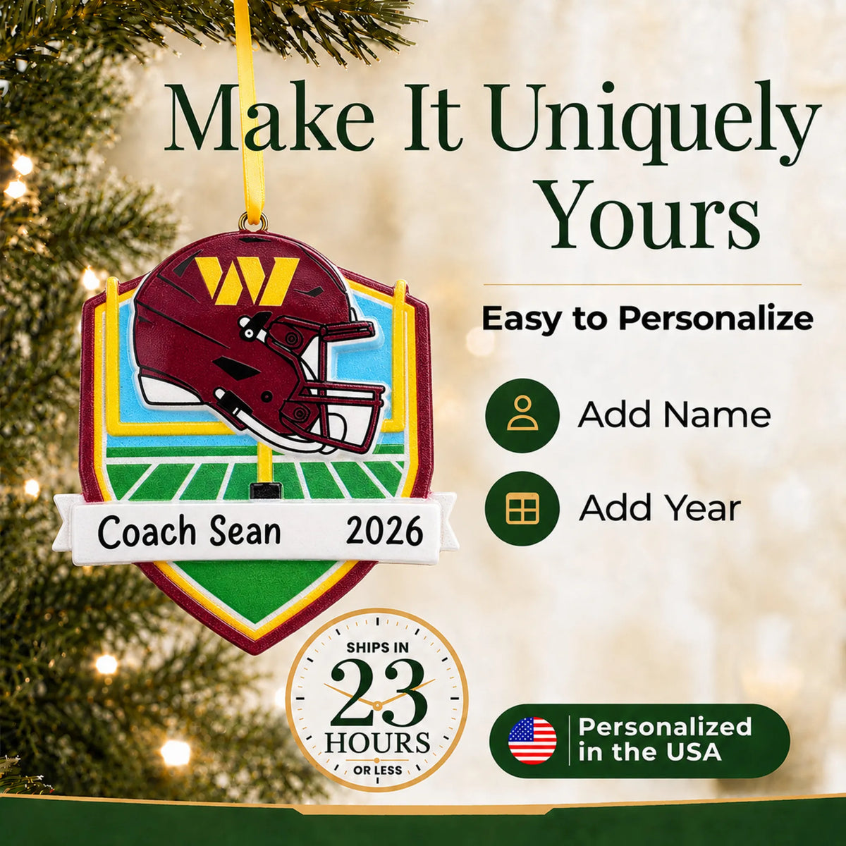 Make it yours: add name and year to the personalized Washington Commanders NFL christmas ornament