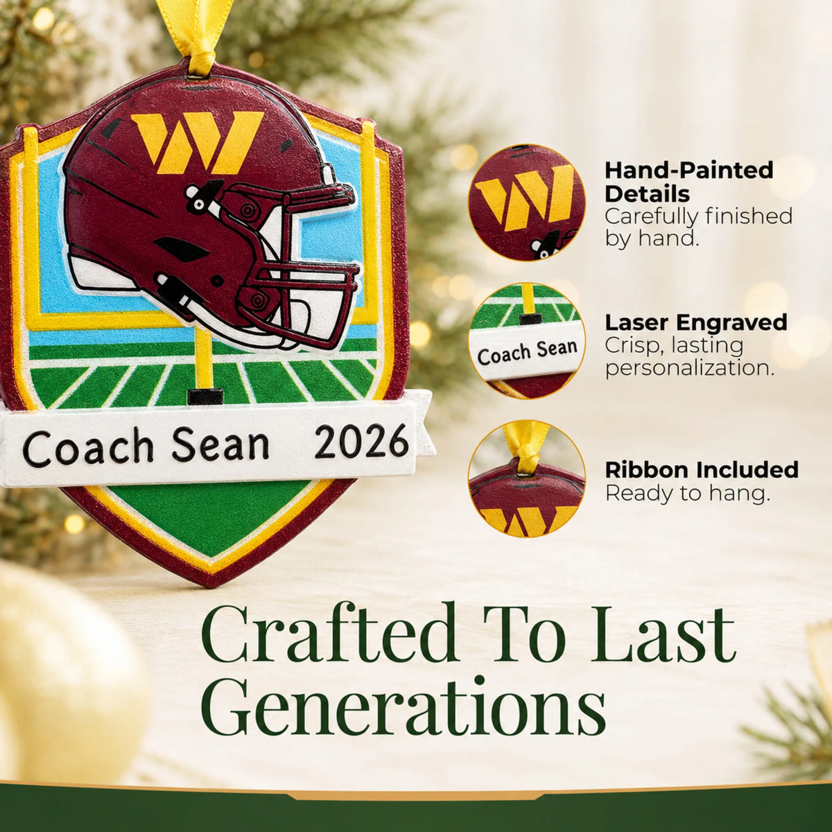 Hand-painted details and laser engraved personalization on the Washington Commanders NFL christmas ornament, ribbon included
