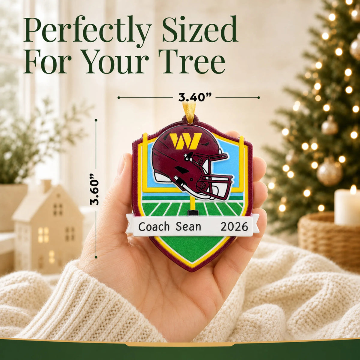 Size guide: the personalized Washington Commanders NFL christmas ornament is 3.40 in wide by 3.60 in tall, shown in hand