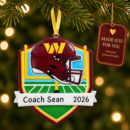 Washington Commanders NFL christmas ornament hanging on a lit Christmas tree with a Made Just For You gift tag