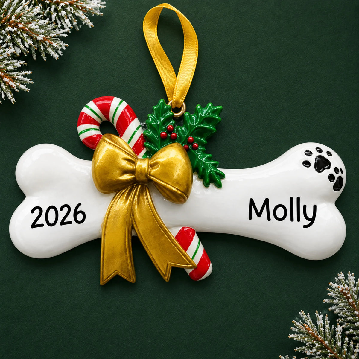 Personalized Dog Bone with Holly christmas ornament on a dark green pine background