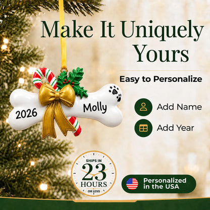 Make it yours: personalize the Dog Bone with Holly christmas ornament with your dog's name and the year