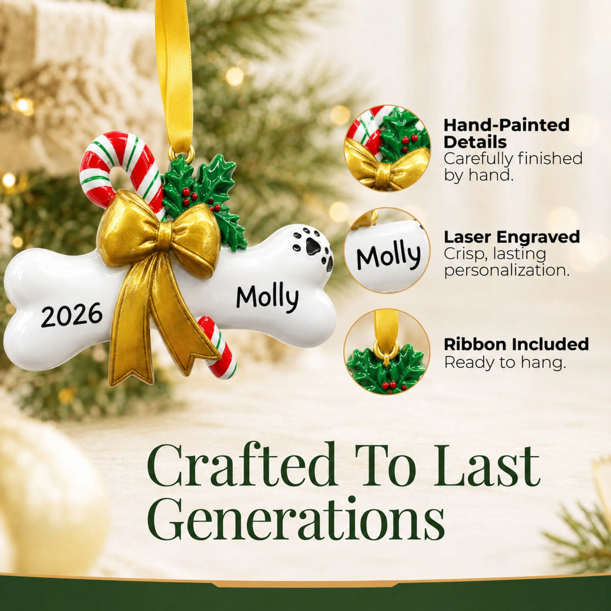 Hand-painted, laser engraved Dog Bone with Holly christmas ornament, ribbon included