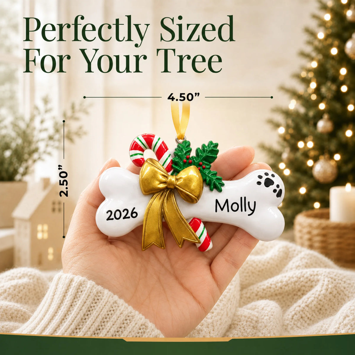 Size guide: the personalized Dog Bone with Holly christmas ornament is 4.50 in wide by 2.50 in tall, shown in hand