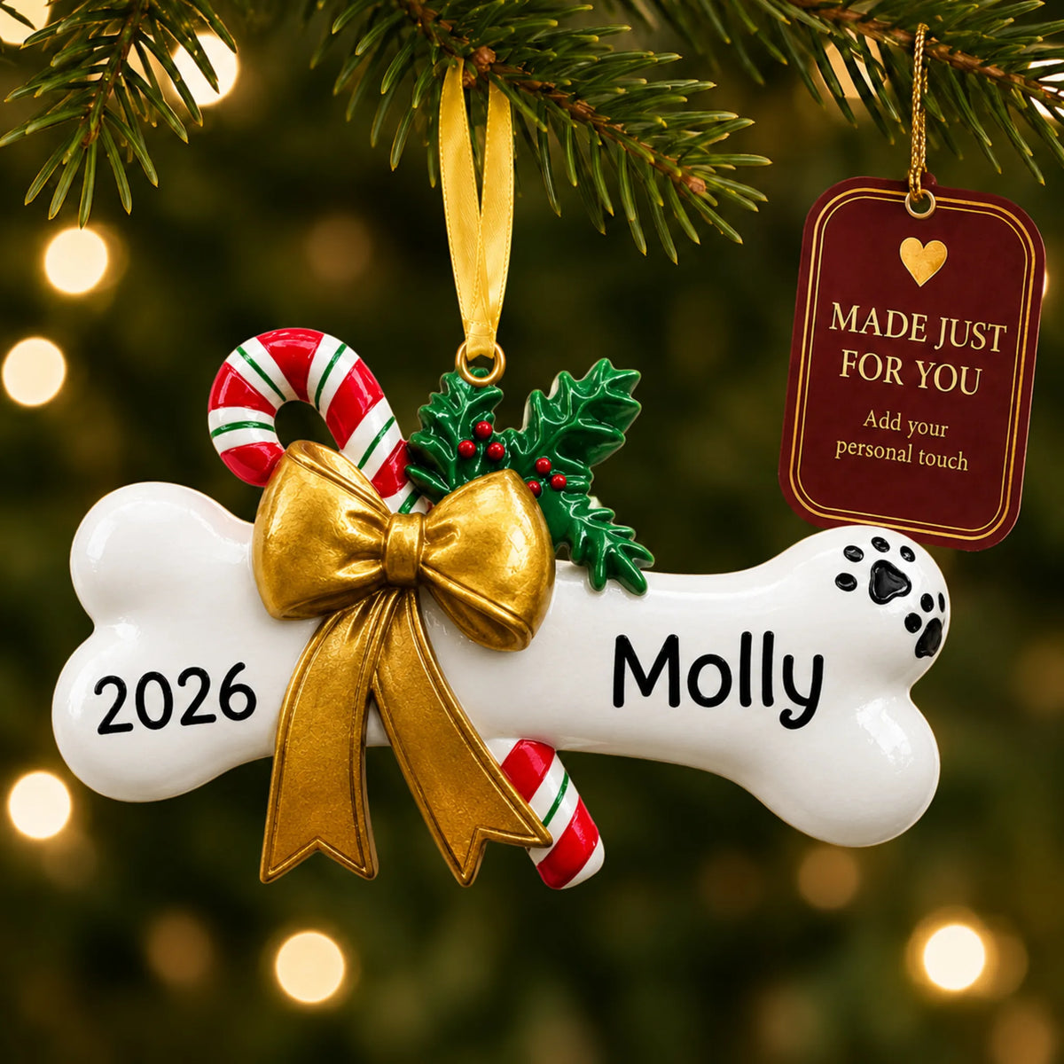 Dog Bone with Holly christmas ornament hanging on a lit Christmas tree with a Made Just For You gift tag