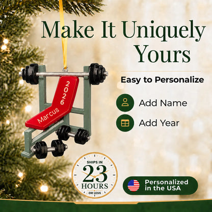 Make it yours: add name and year to the personalized weight lifting bench christmas ornament