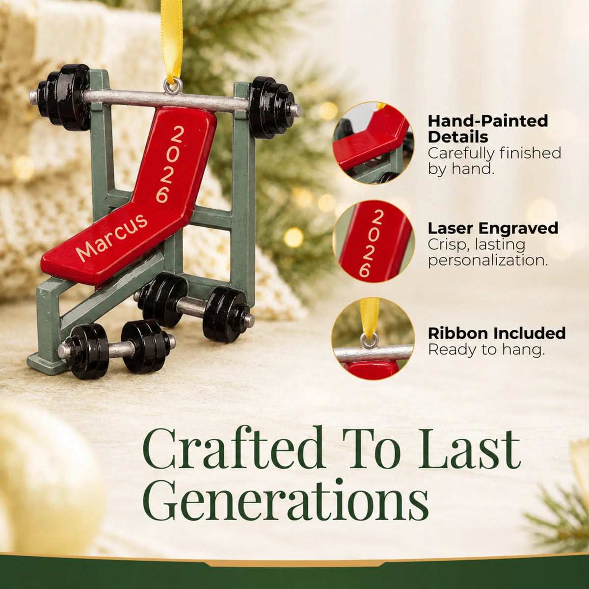 Hand-painted details and laser engraved personalization on the weight lifting bench christmas ornament, ribbon included