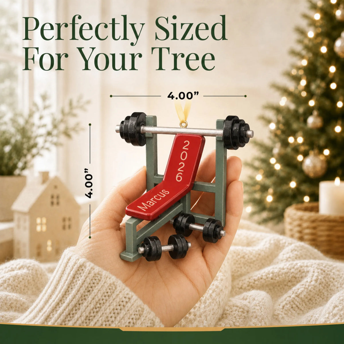 Size guide: the personalized weight lifting bench christmas ornament is 4.00 in wide by 4.00 in tall, shown in hand