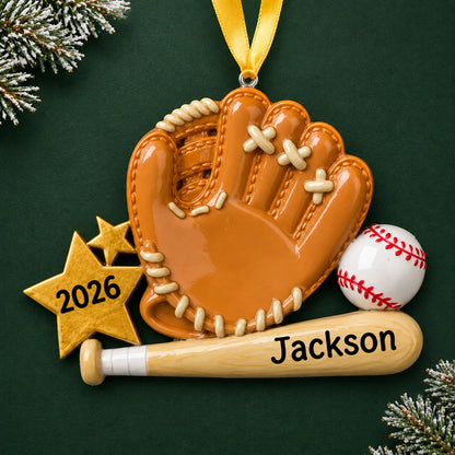 Personalized baseball bat, glove and ball christmas ornament on a dark green pine background