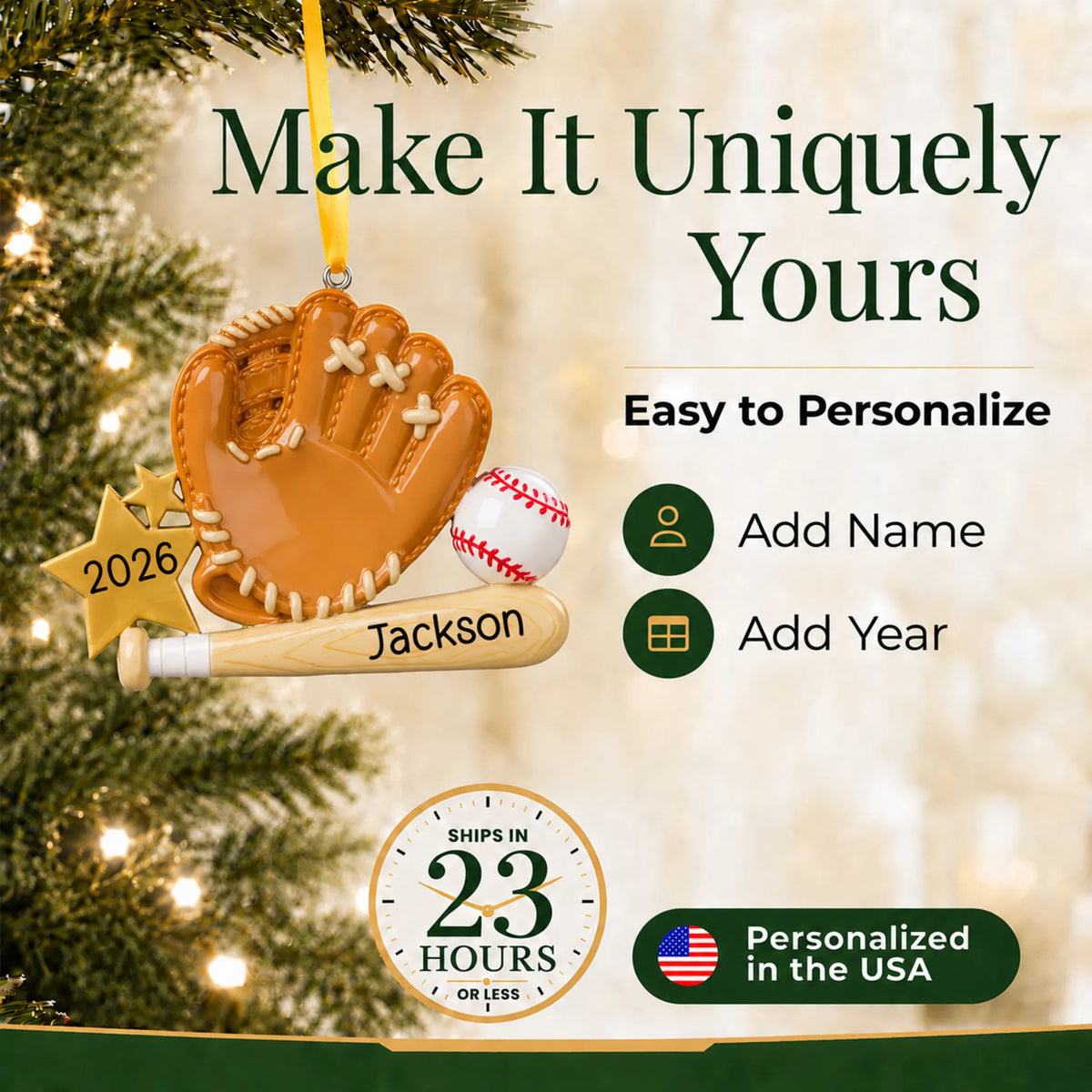 Make it yours: add name and year to the personalized baseball bat, glove and ball christmas ornament