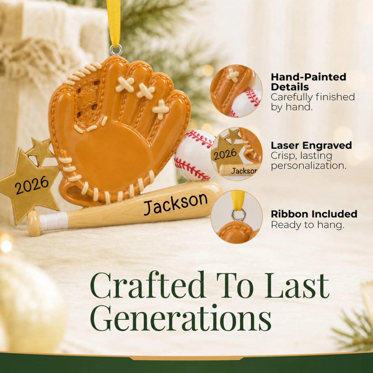 Hand-painted, laser engraved baseball bat, glove and ball christmas ornament, ribbon included