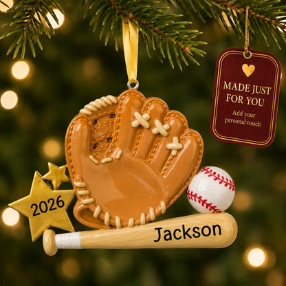 Baseball bat, glove and ball christmas ornament hanging on a lit Christmas tree with a Made Just For You gift tag