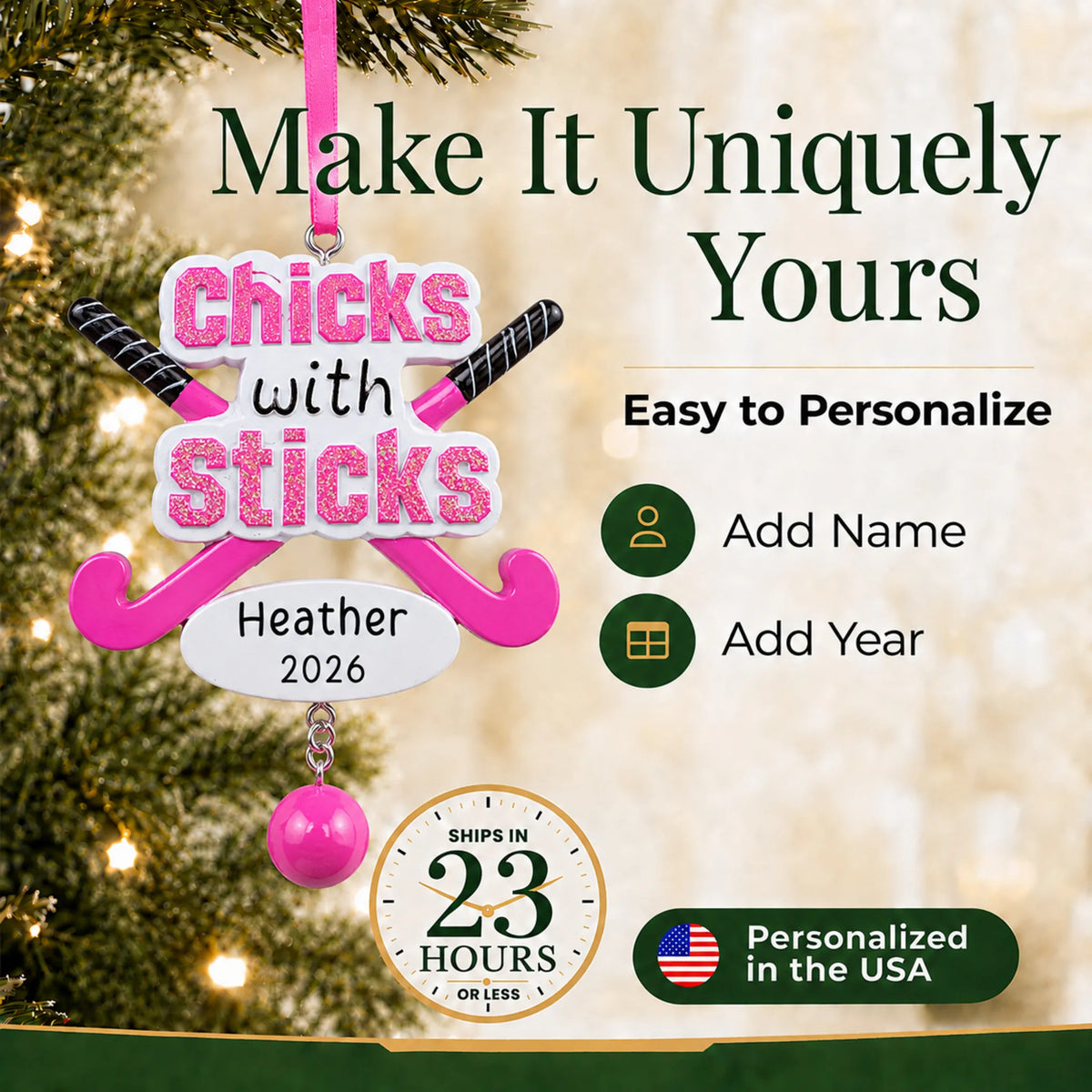 Make it yours: add name and year to the personalized field hockey christmas ornament