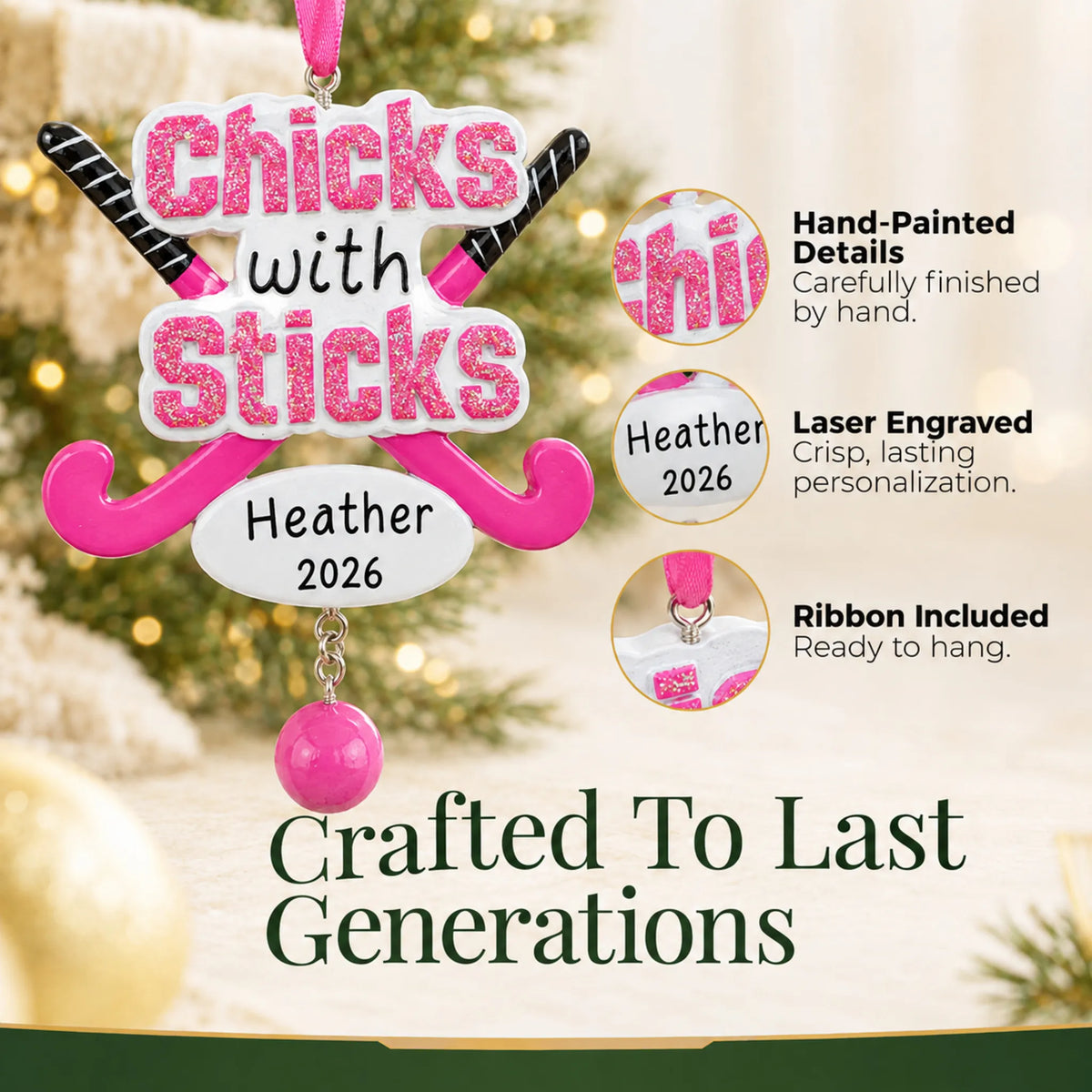 Hand-painted details and laser engraved personalization on the field hockey christmas ornament, ribbon included