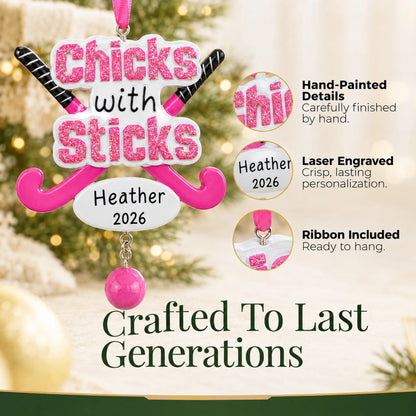 Hand-painted details and laser engraved personalization on the field hockey christmas ornament, ribbon included