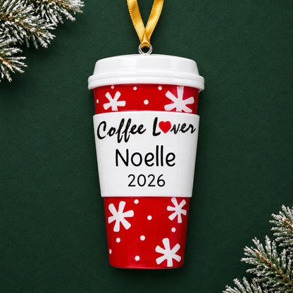 Personalized Coffee Lover Cup christmas ornament on a dark green pine background
