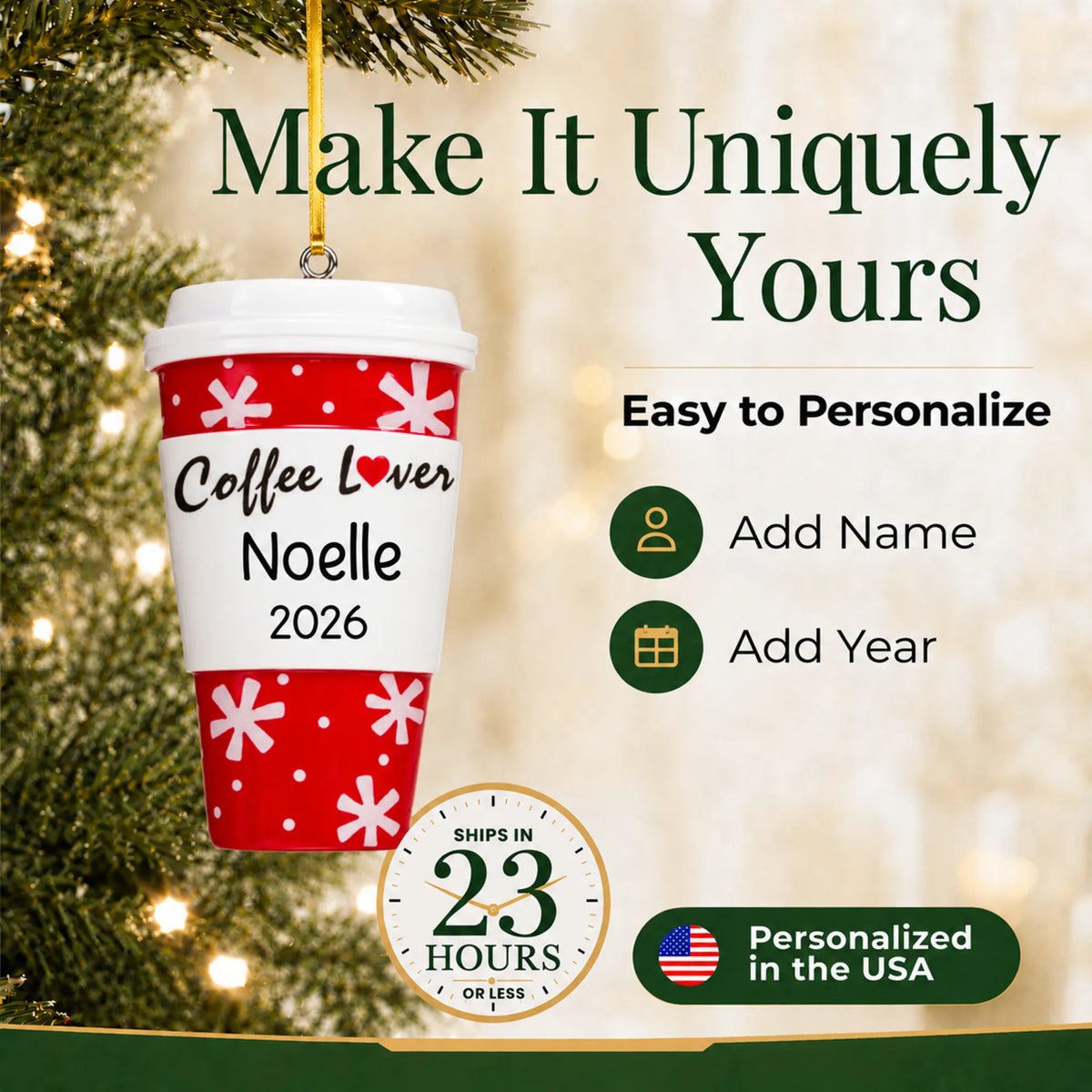 Make it yours: personalize the Coffee Lover Cup christmas ornament