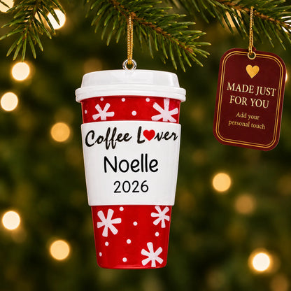 Coffee Lover Cup christmas ornament hanging on a lit Christmas tree with a Made Just For You gift tag