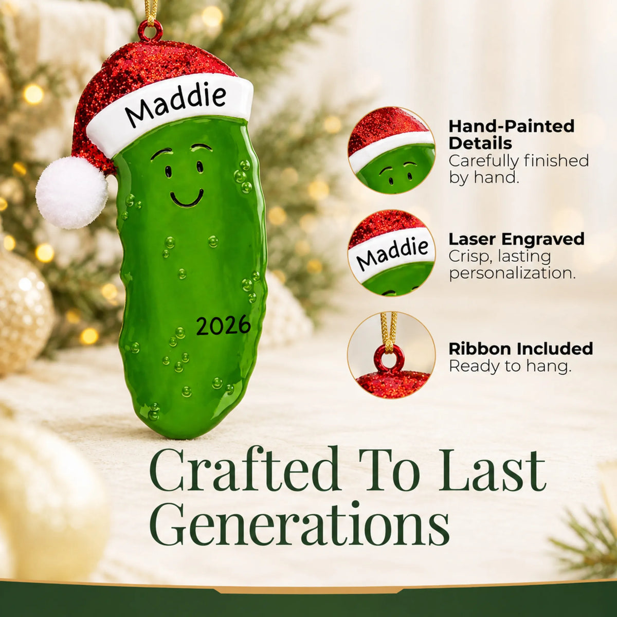 Hand-painted, laser engraved Christmas Pickle ornament, ribbon included