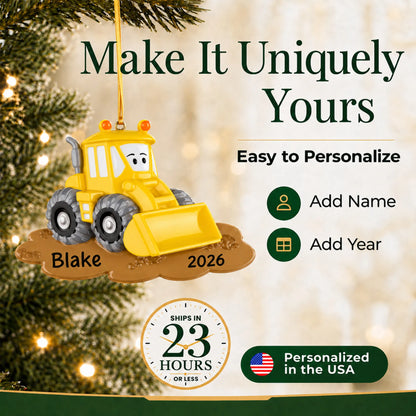 Make it yours: add name and year to the personalized bulldozer christmas ornament