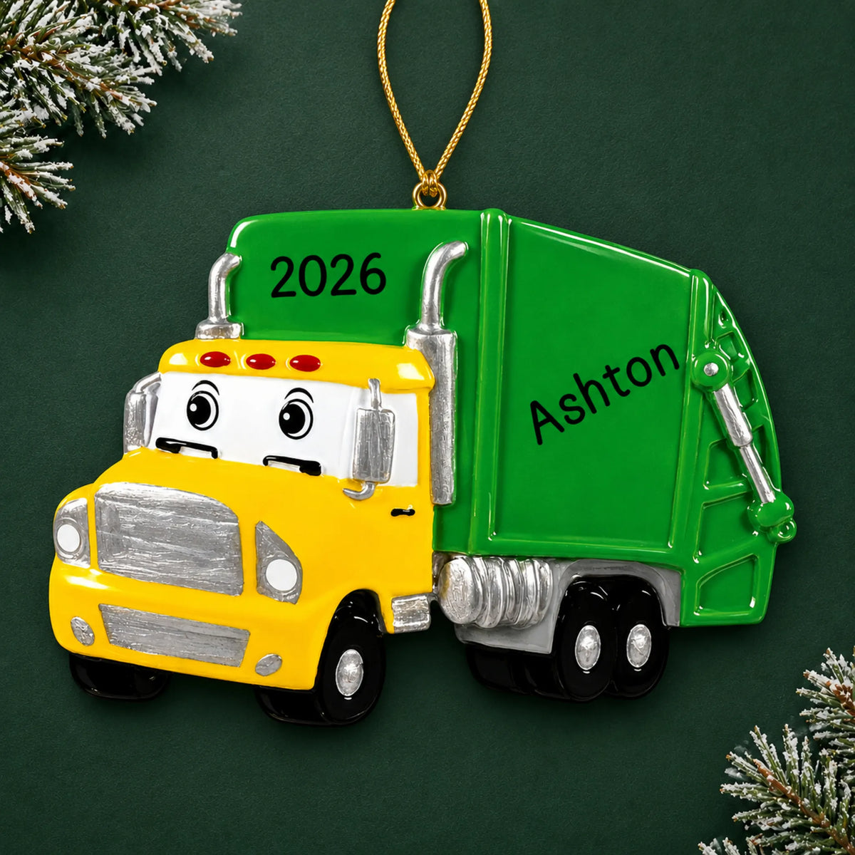 Personalized garbage truck christmas ornament on a dark green pine background