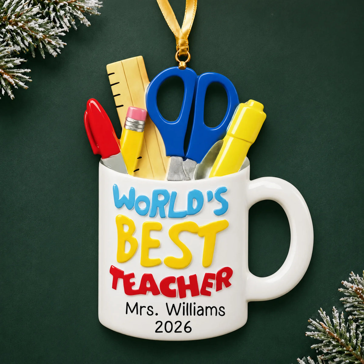 Personalized World's Best Teacher mug Christmas ornament with name and year, shown on a green holiday background