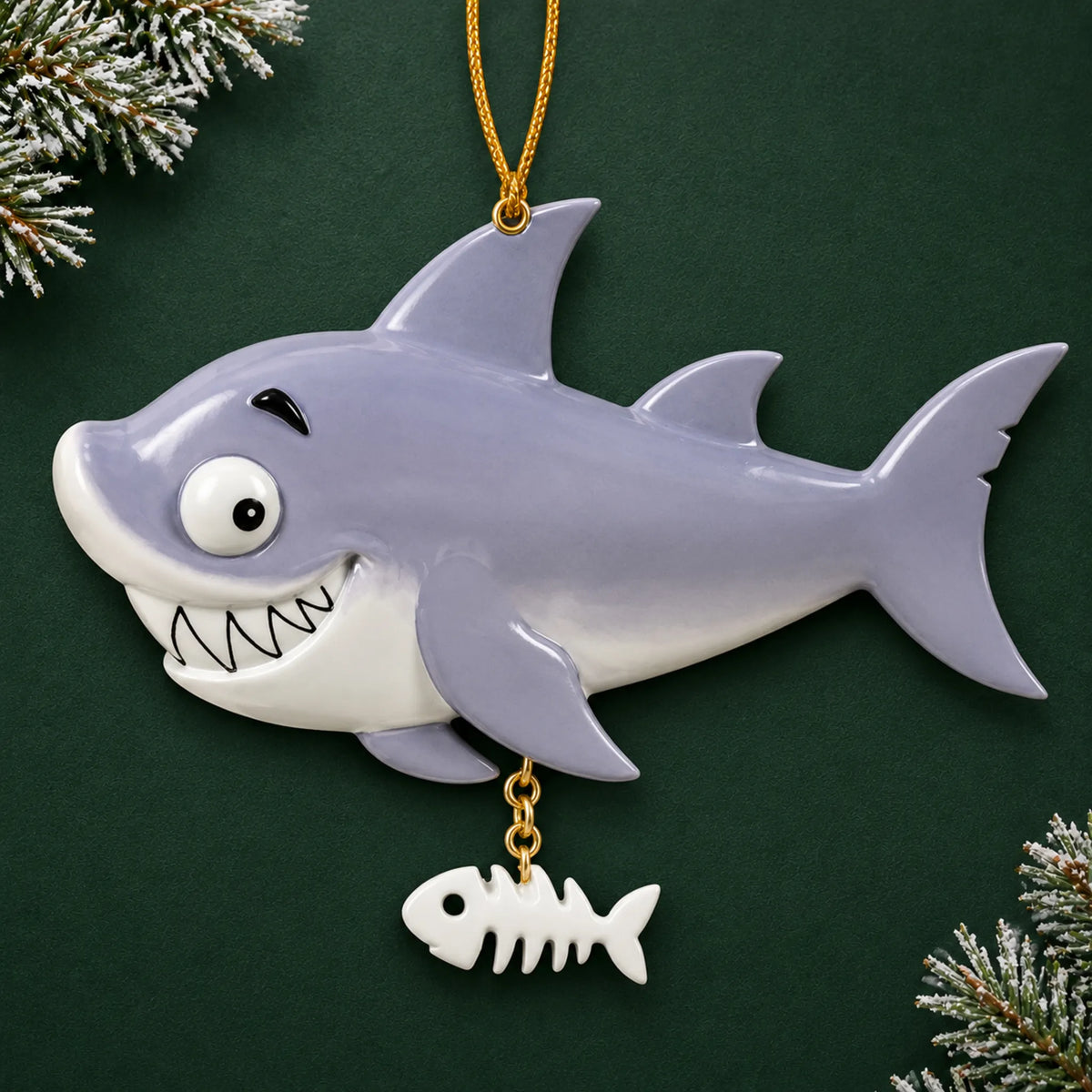 Personalized shark christmas ornament on a dark green pine background