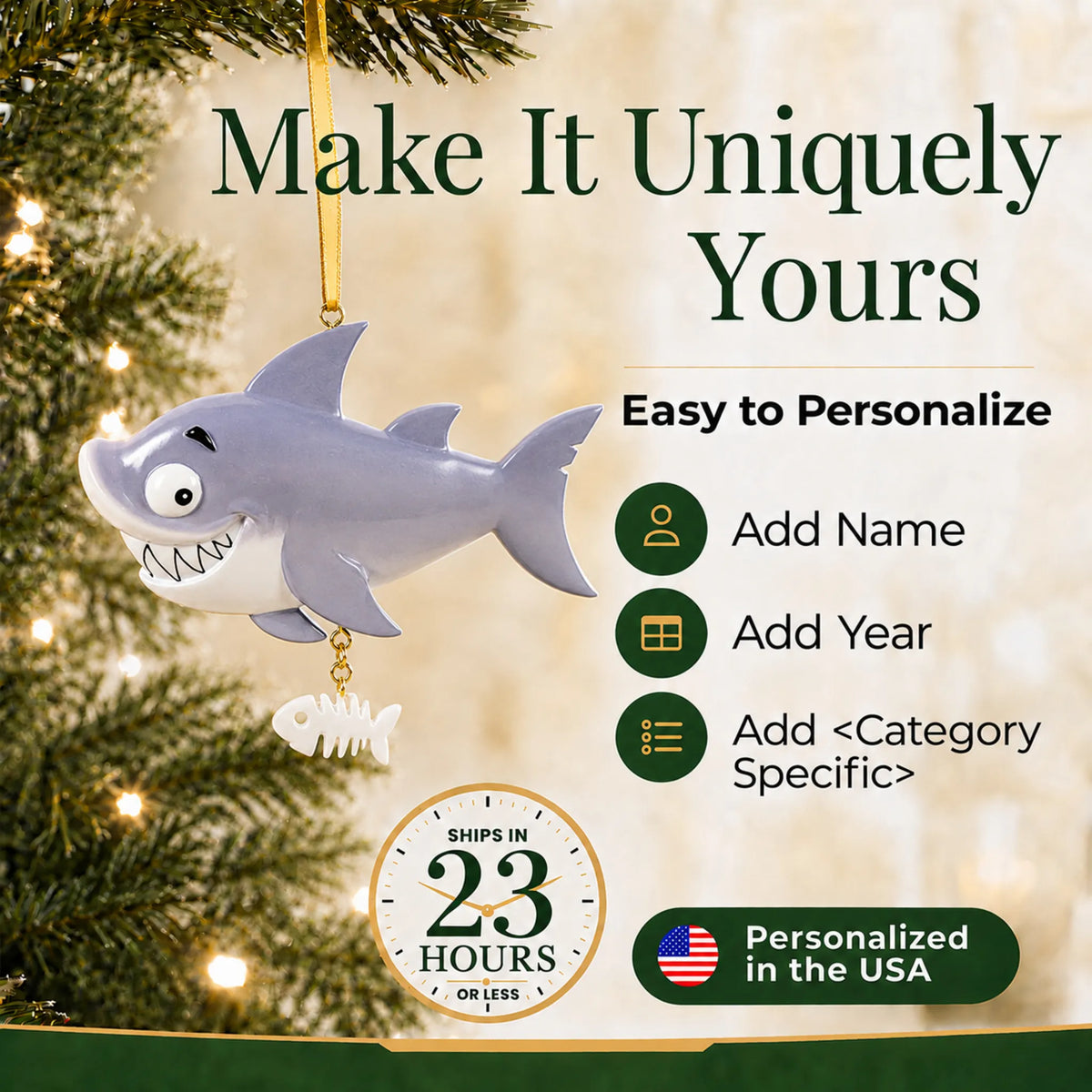 Make it yours: add a name and year to the personalized shark christmas ornament